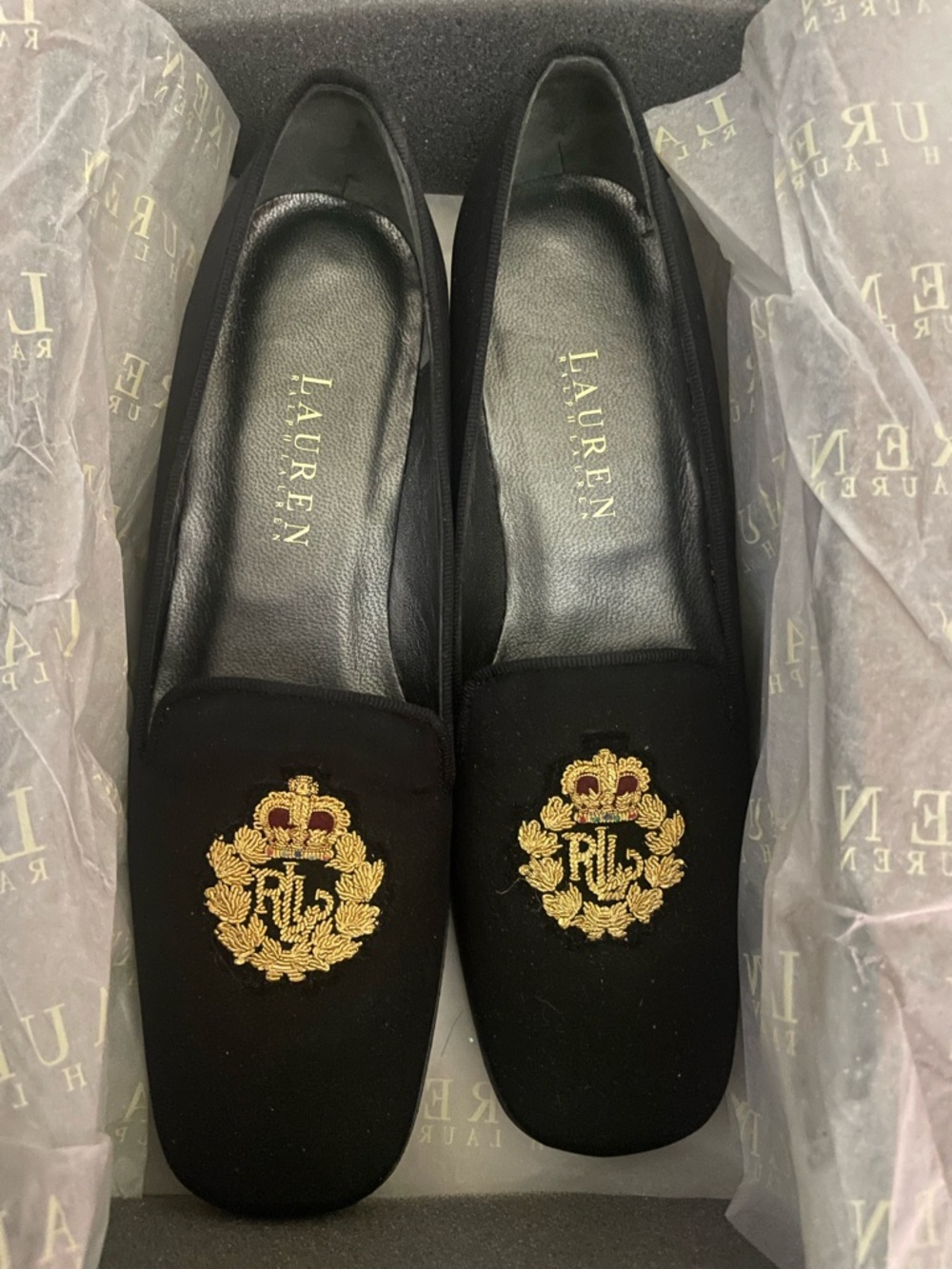 Lauren Ralph Lauren Black Flats with Gold Embroidered Crest